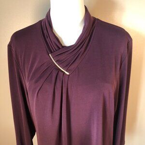 Calvin Klein 3/4 Sleeve Blouse With Pleated Neckline & Gold Accent Size L